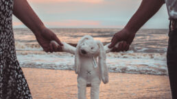 Zwangerschap fotoshoot handen houden knuffelkonijn vast voor ondergaande zon in de zee